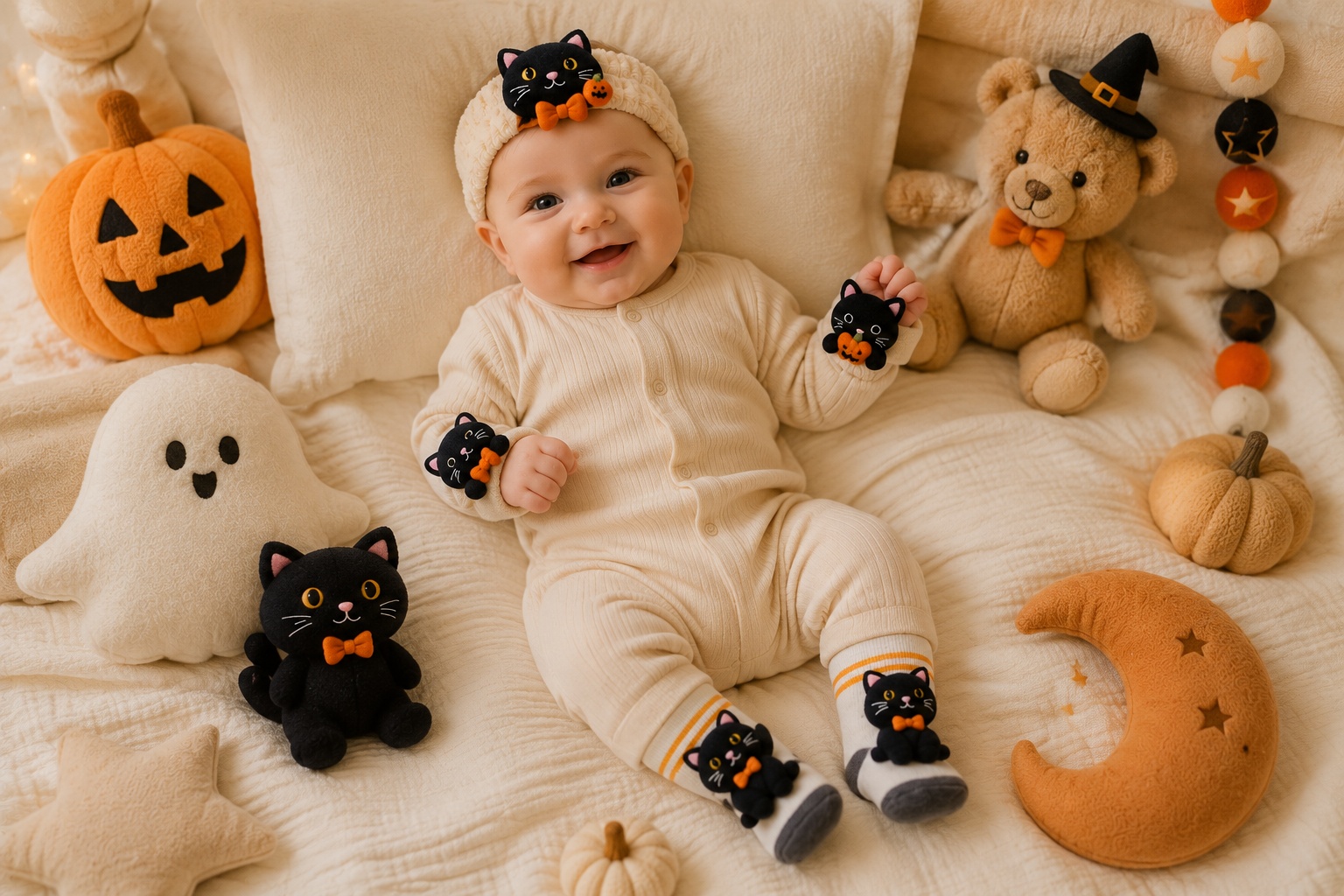 Wholesale Halloween Black Cat Baby Headband Gift Set with Socks & Wristbands