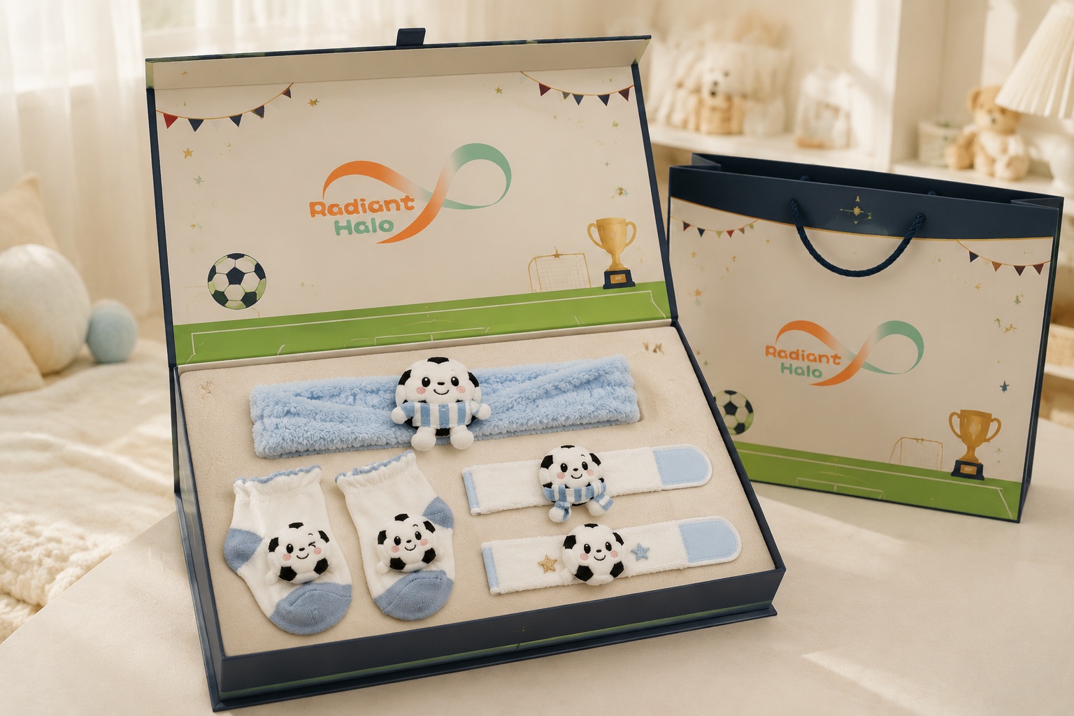 Wholesale Blue Soccer Plush Baby Gift Set with Headband, Socks & Wrist Rattles
