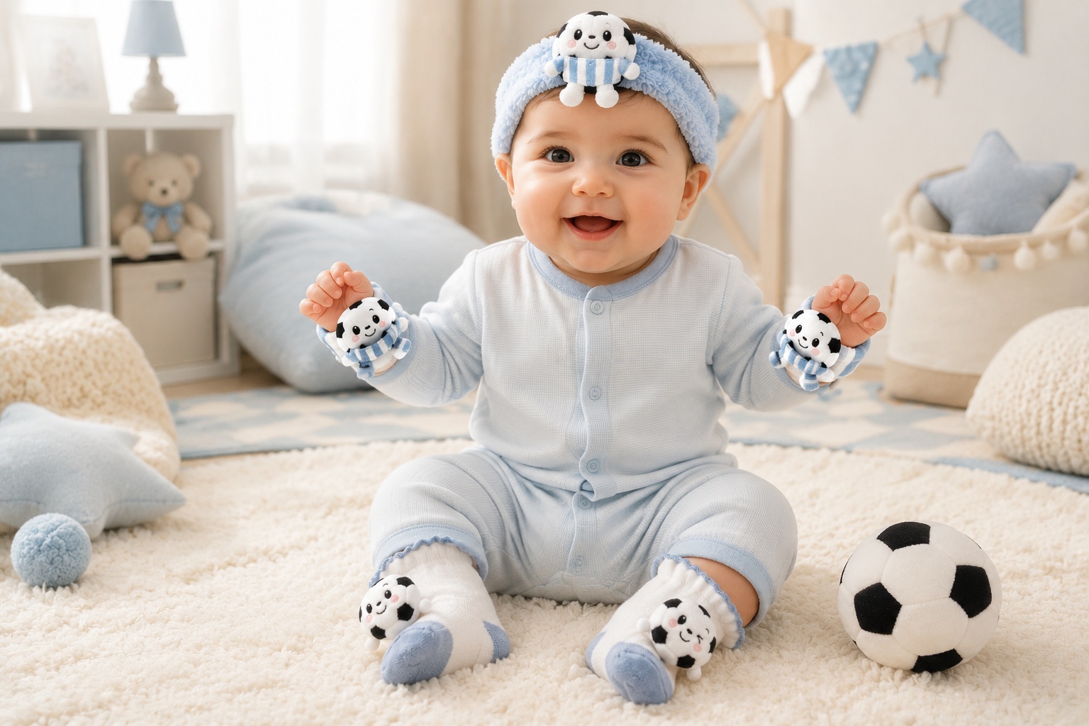 Wholesale Blue Soccer Plush Baby Gift Set with Headband, Socks & Wrist Rattles