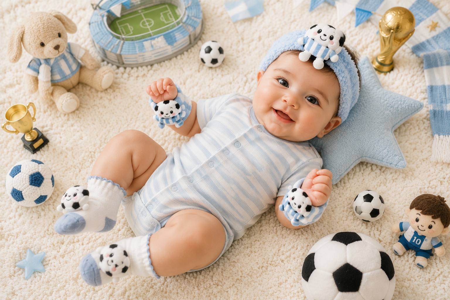 Wholesale Blue Soccer Plush Baby Gift Set with Headband, Socks & Wrist Rattles