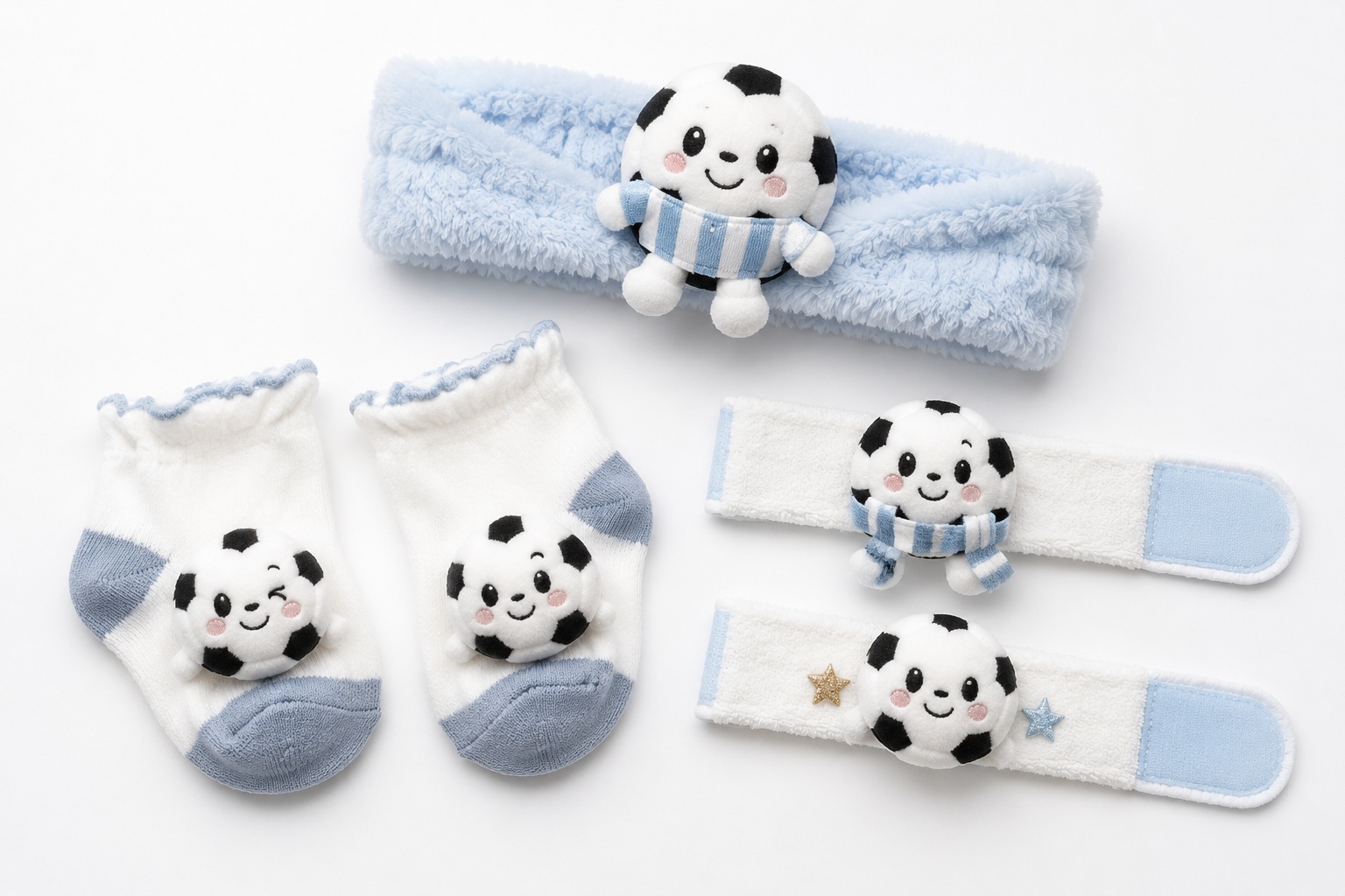 Wholesale Blue Soccer Plush Baby Gift Set with Headband, Socks & Wrist Rattles