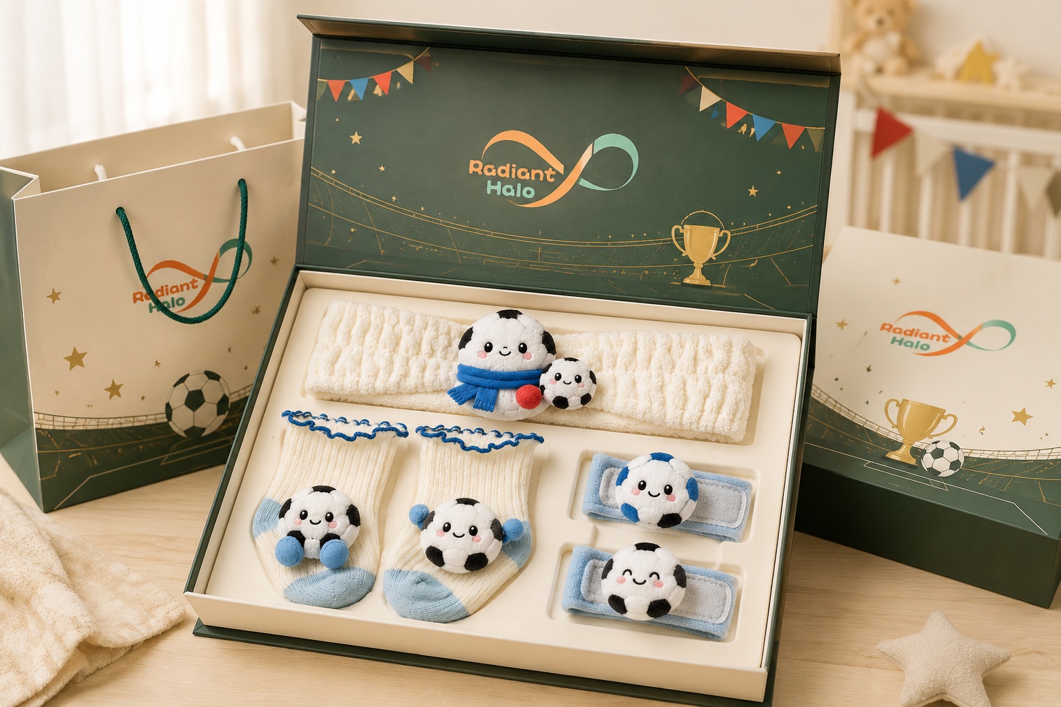 Wholesale Blue Soccer Baby Gift Set with Plush Football Headband Socks and Wrist Rattles
