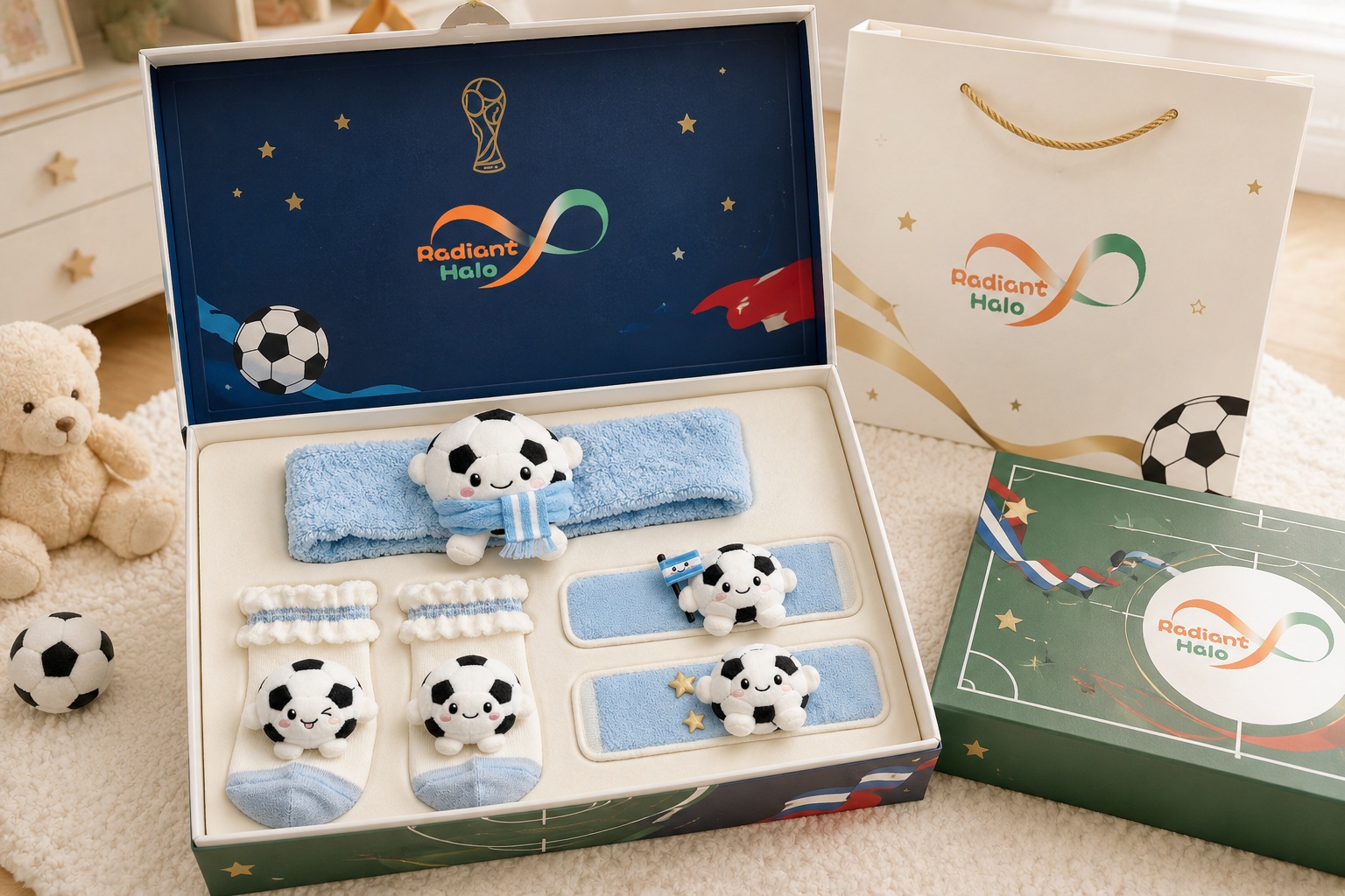 Bulk Blue Soccer Baby Gift Set with Plush Football Headband, Socks & Wrist Rattles for Boutique Gifts