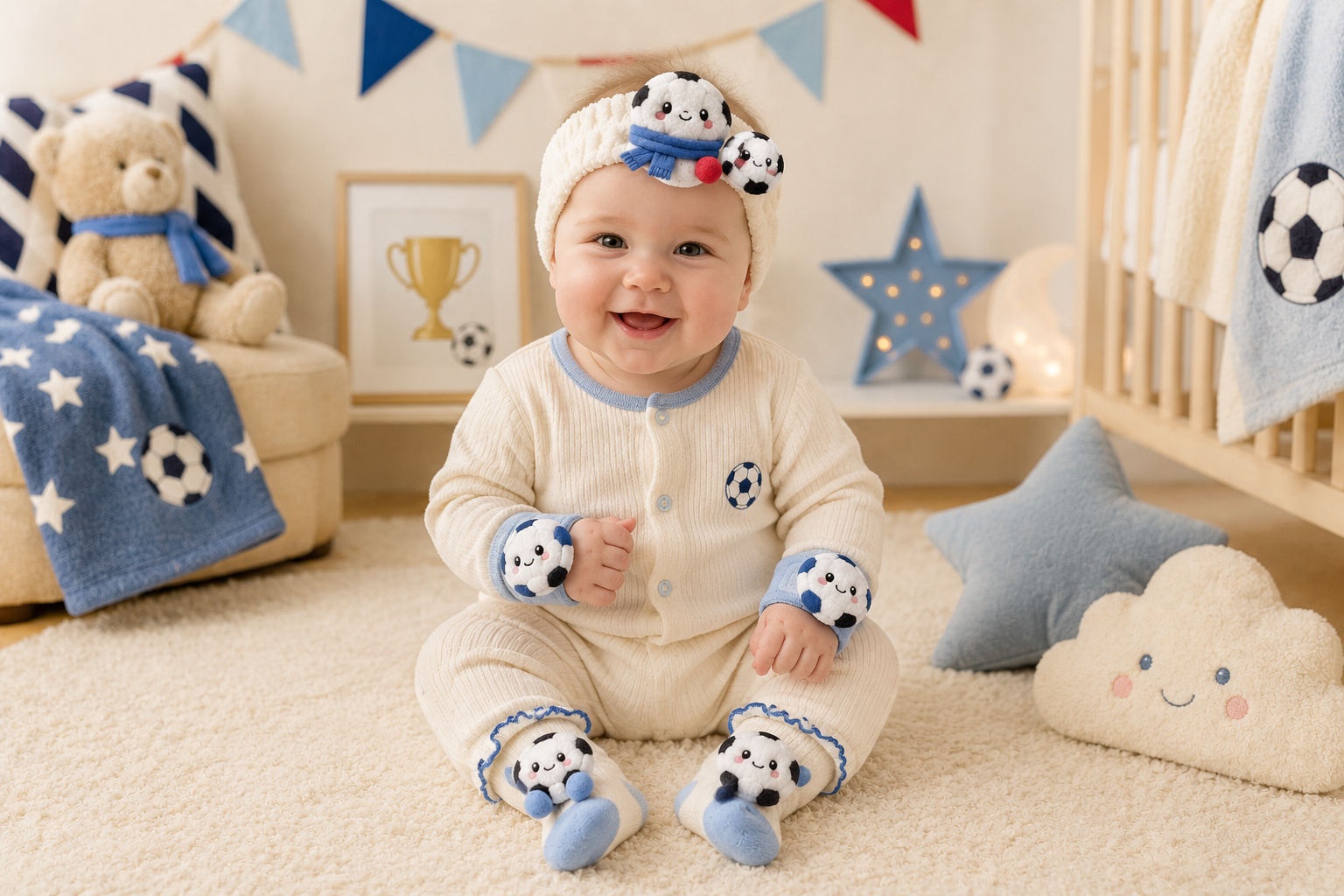 Wholesale Blue Soccer Baby Gift Set with Plush Football Headband Socks and Wrist Rattles