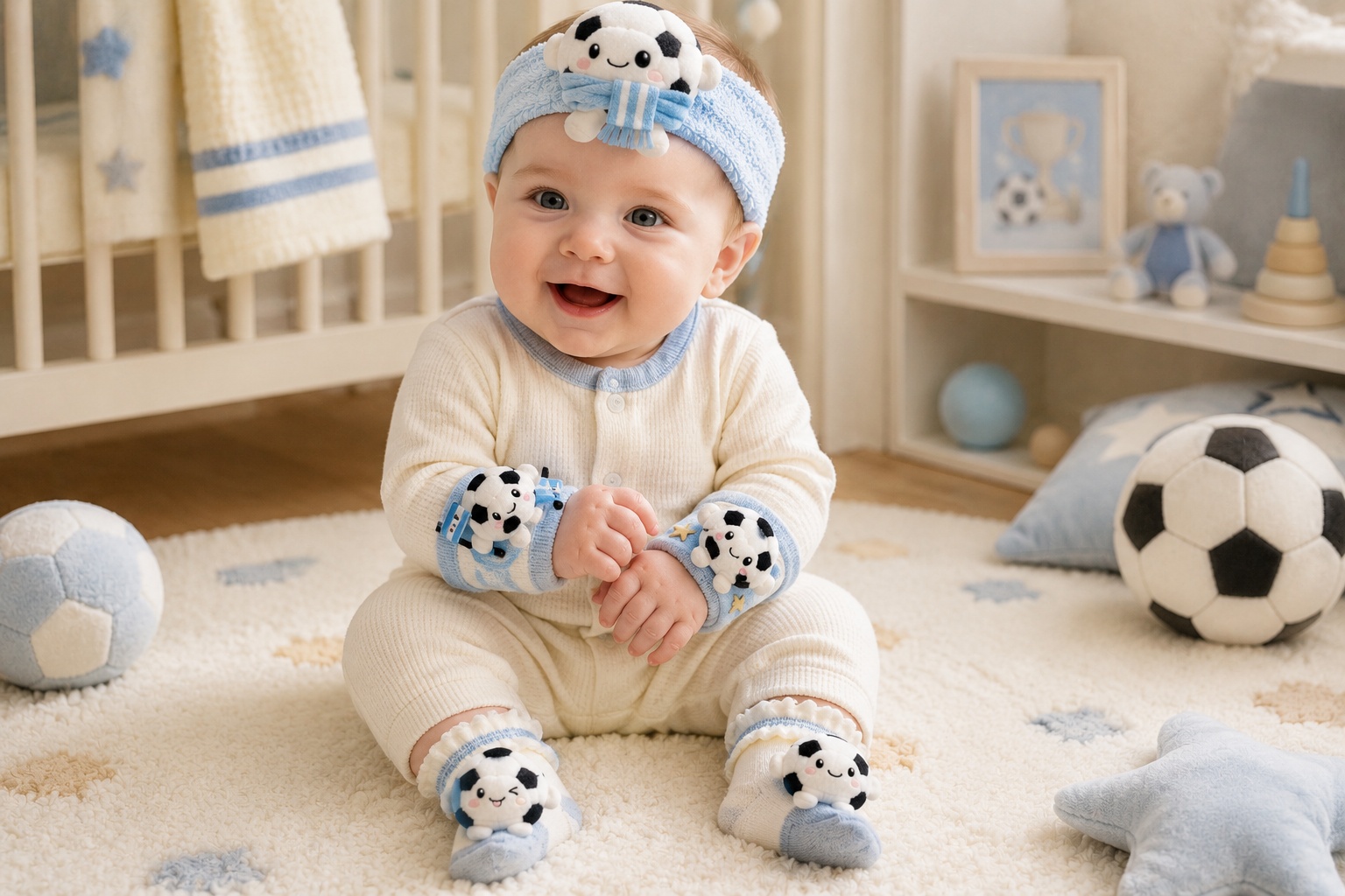 Bulk Blue Soccer Baby Gift Set with Plush Football Headband, Socks & Wrist Rattles for Boutique Gifts