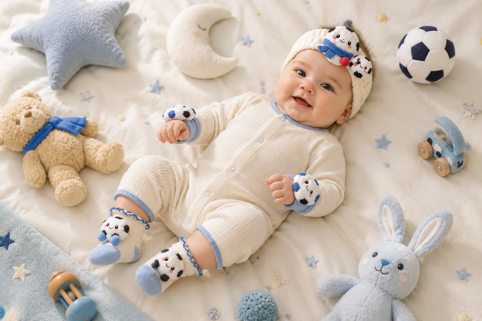 Wholesale Blue Soccer Baby Gift Set with Plush Football Headband Socks and Wrist Rattles