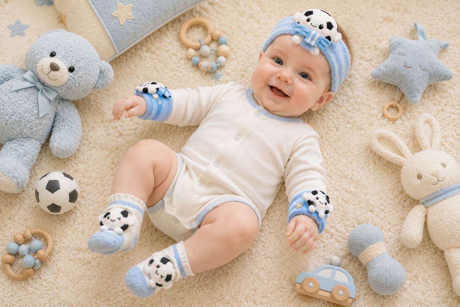 Bulk Blue Soccer Baby Gift Set with Plush Football Headband, Socks & Wrist Rattles for Boutique Gifts