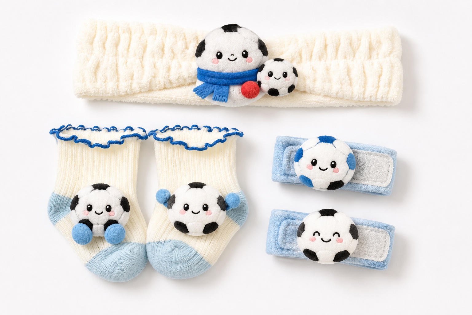 Wholesale Blue Soccer Baby Gift Set with Plush Football Headband Socks and Wrist Rattles