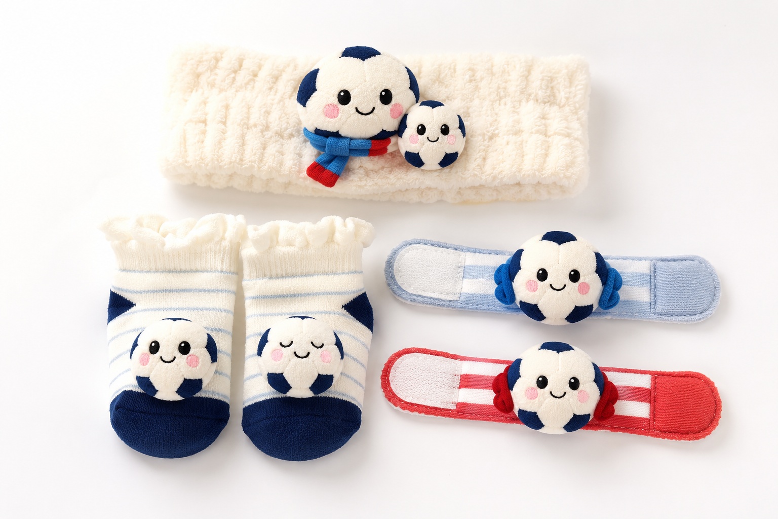 Wholesale Blue Soccer Baby Gift Set with Plush Headband, Striped Socks & Red Blue Wrist Rattles