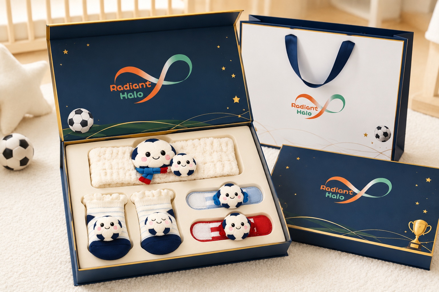 Wholesale Blue Soccer Baby Gift Set with Plush Headband, Striped Socks & Red Blue Wrist Rattles
