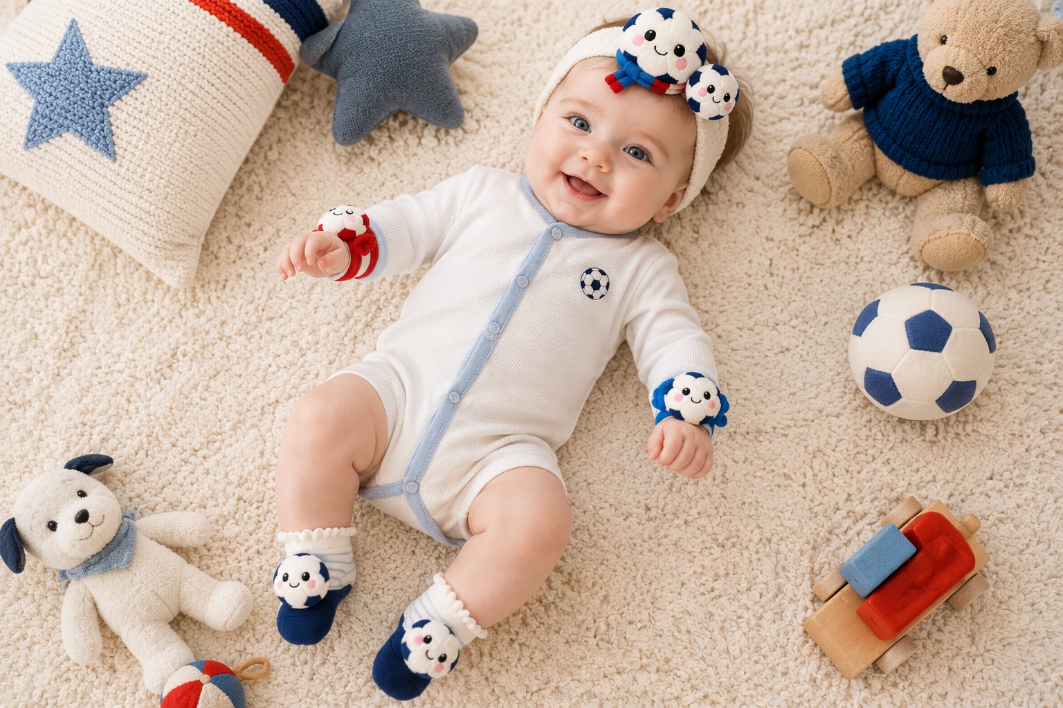 Wholesale Blue Soccer Baby Gift Set with Plush Headband, Striped Socks & Red Blue Wrist Rattles