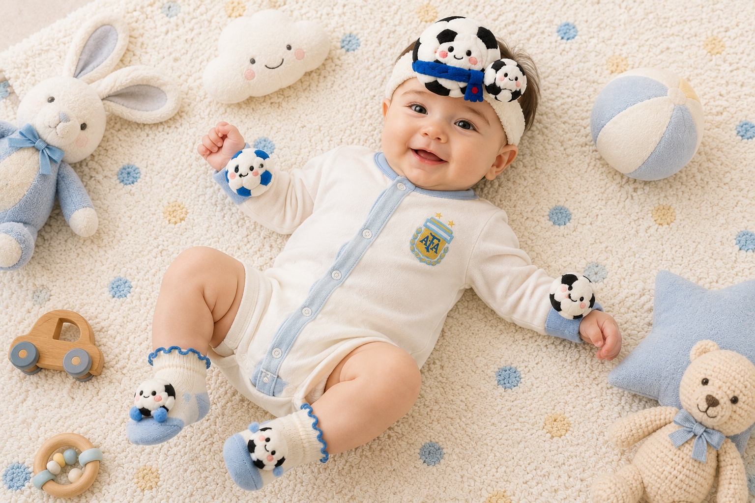 Wholesale Blue Soccer Baby Gift Set with Plush Headband, Socks and Wrist Rattles