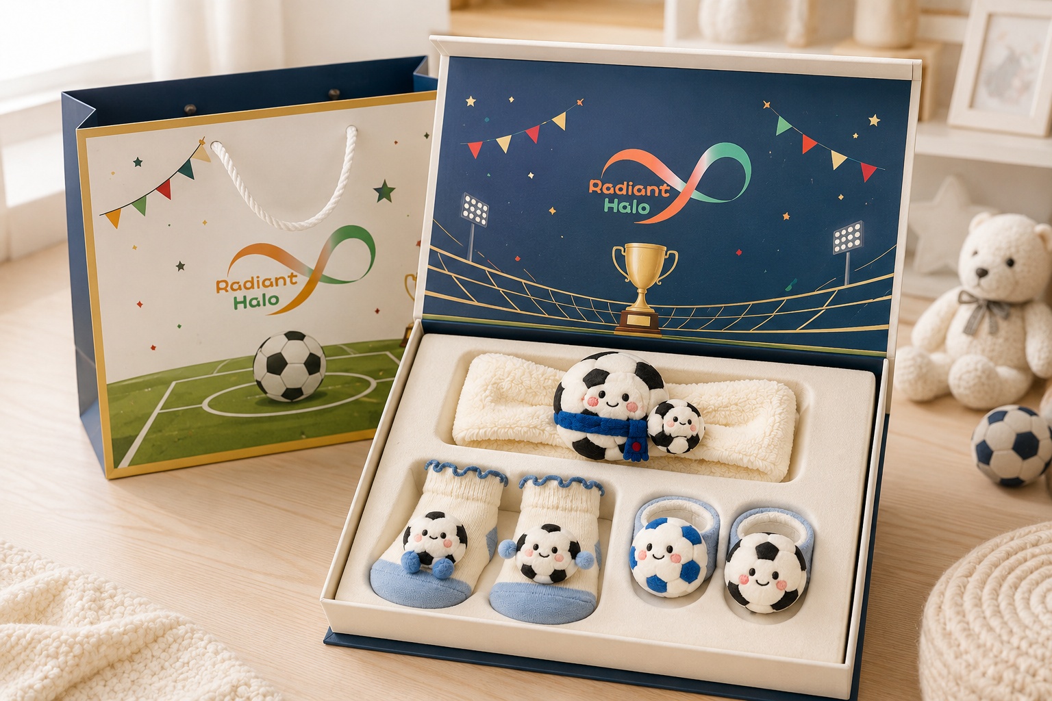 Wholesale Blue Soccer Baby Gift Set with Plush Headband, Socks and Wrist Rattles
