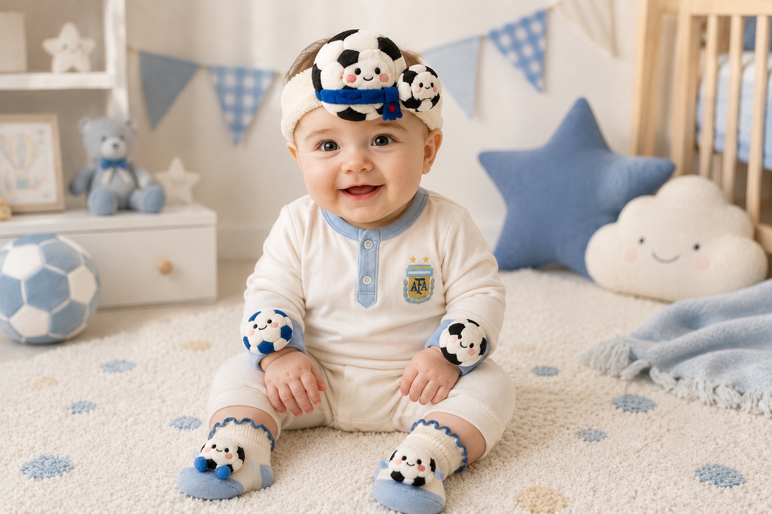 Wholesale Blue Soccer Baby Gift Set with Plush Headband, Socks and Wrist Rattles