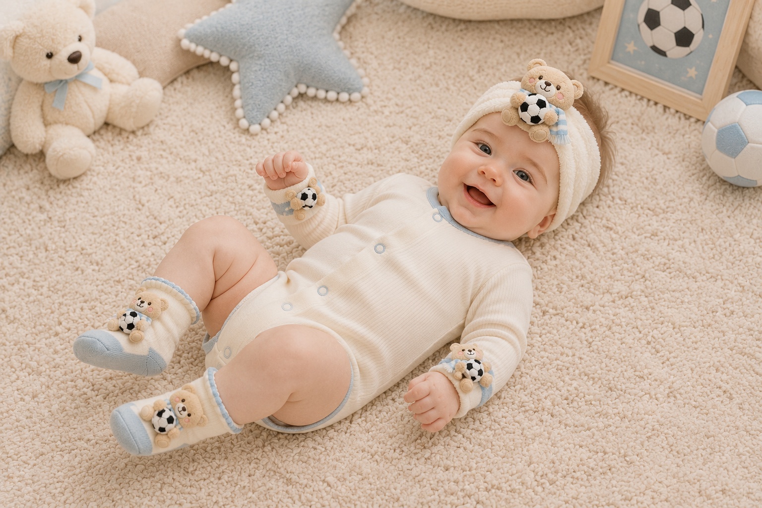 Wholesale Blue Teddy Bear Soccer Baby Gift Box Set – Plush Headband, Socks and Wristbands
