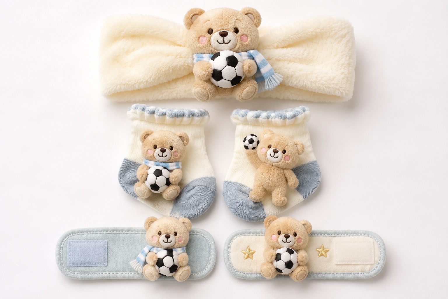 Wholesale Blue Teddy Bear Soccer Baby Gift Box Set – Plush Headband, Socks and Wristbands
