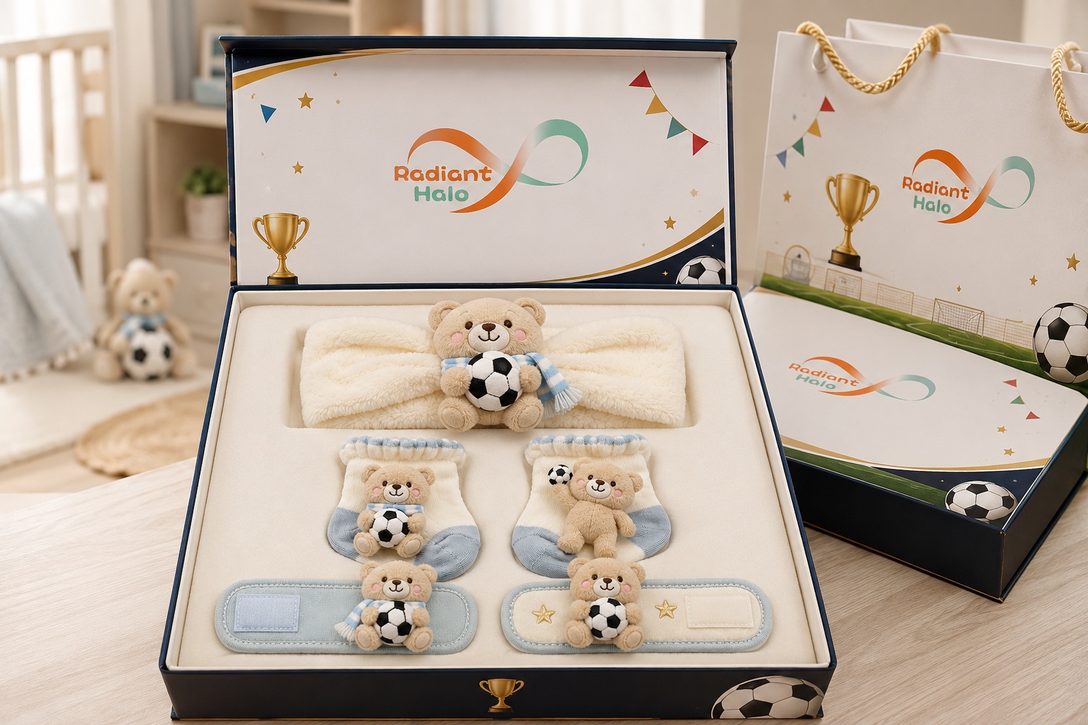 Wholesale Blue Teddy Bear Soccer Baby Gift Box Set – Plush Headband, Socks and Wristbands