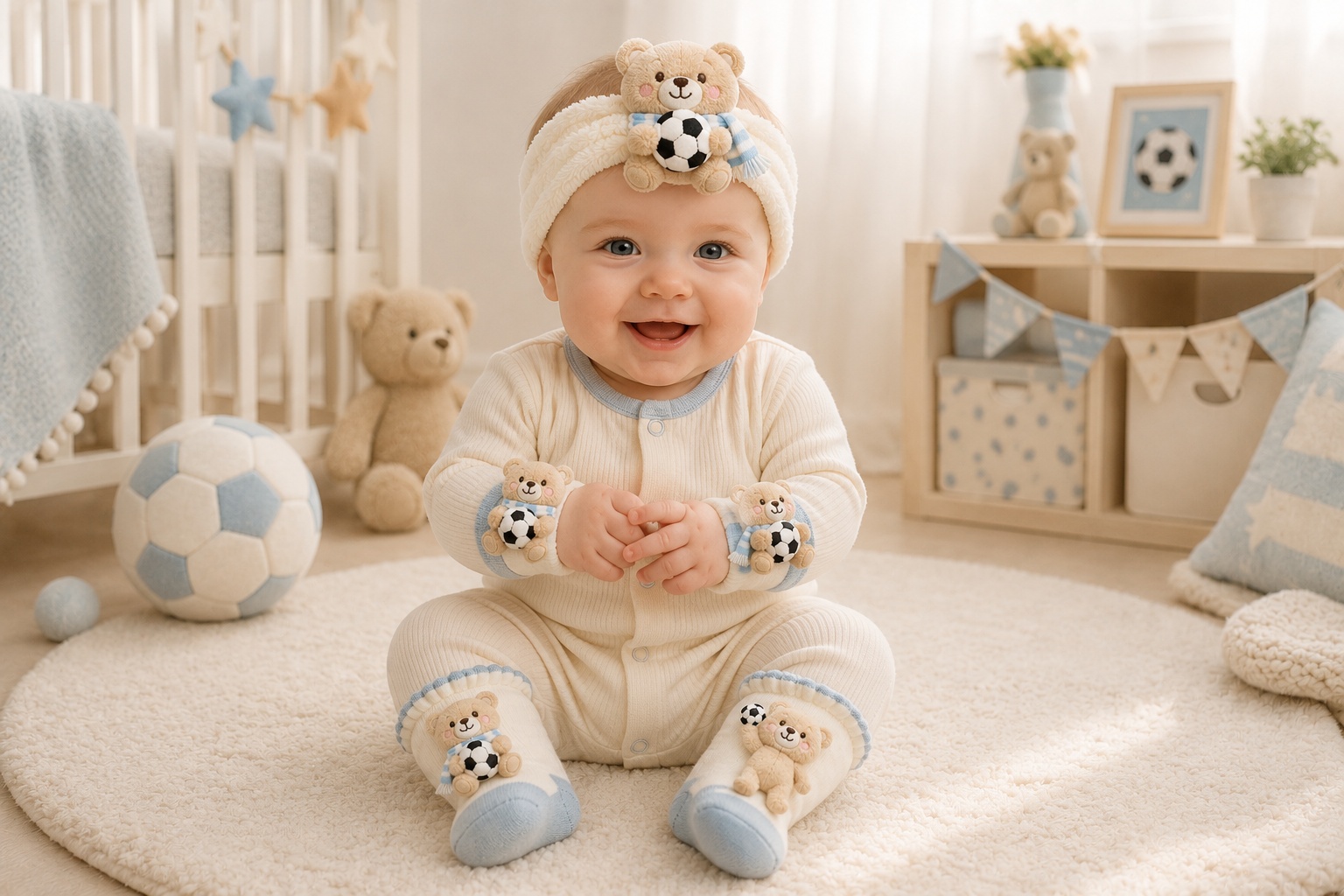 Wholesale Blue Teddy Bear Soccer Baby Gift Box Set – Plush Headband, Socks and Wristbands