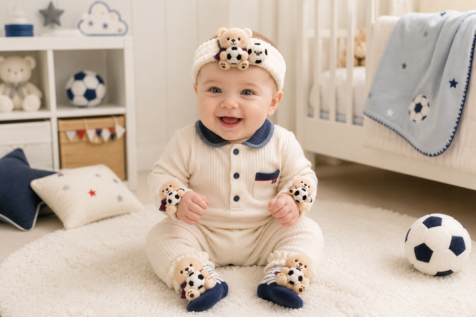 Retail-Ready Blue Soccer Teddy Bear Baby Gift Set | Plush Headband, Striped Socks & Wrist Rattles