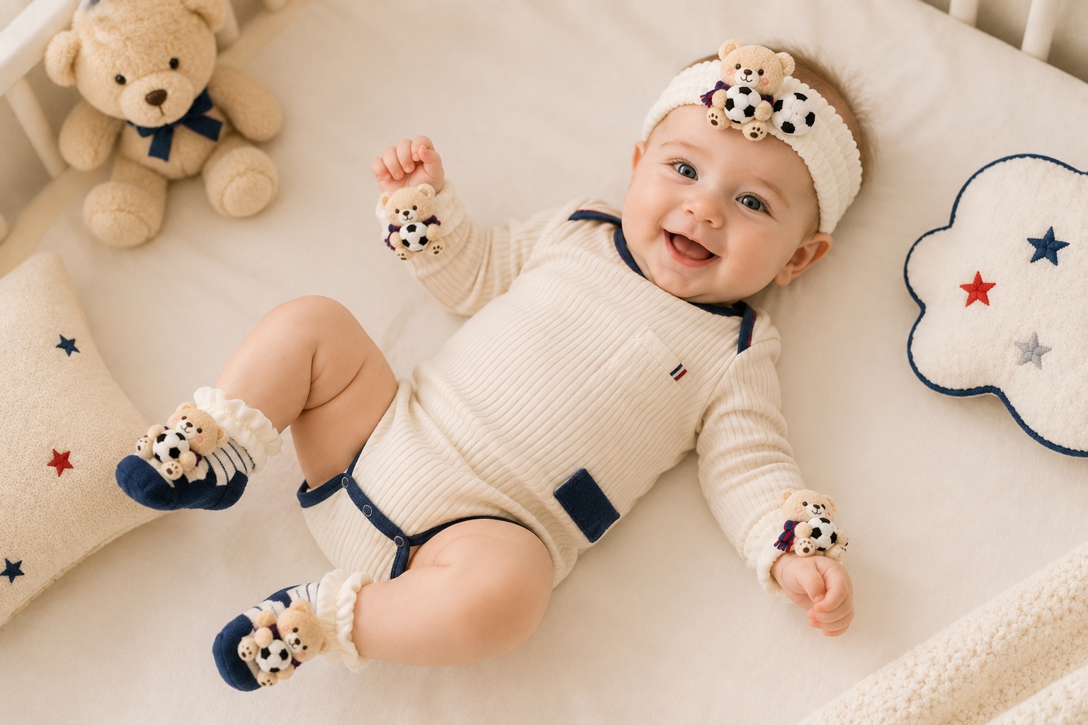 Retail-Ready Blue Soccer Teddy Bear Baby Gift Set | Plush Headband, Striped Socks & Wrist Rattles