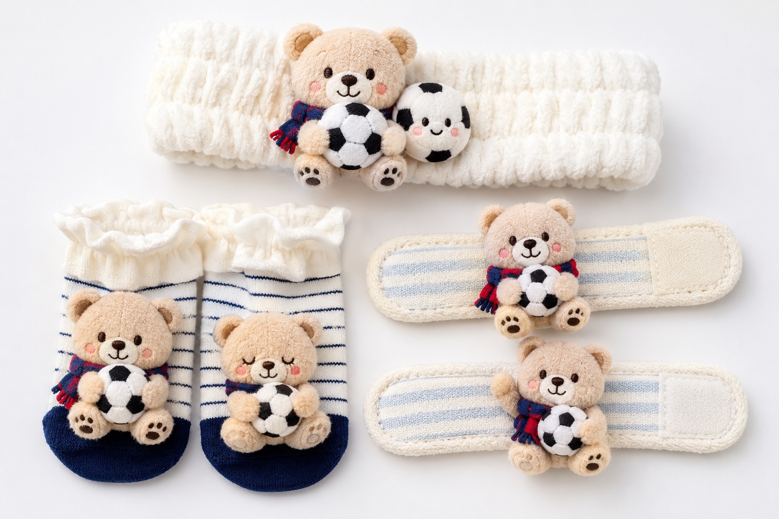 Retail-Ready Blue Soccer Teddy Bear Baby Gift Set | Plush Headband, Striped Socks & Wrist Rattles