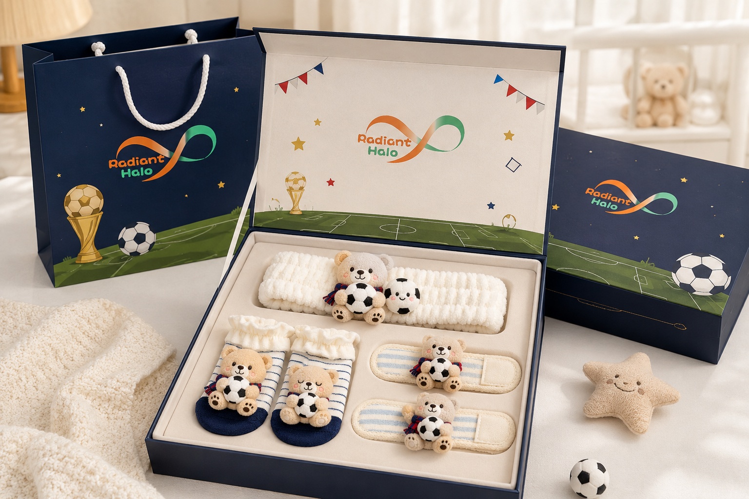 Retail-Ready Blue Soccer Teddy Bear Baby Gift Set | Plush Headband, Striped Socks & Wrist Rattles