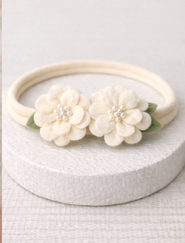 Delicate White Floral Baby Headband with Pearl Accents