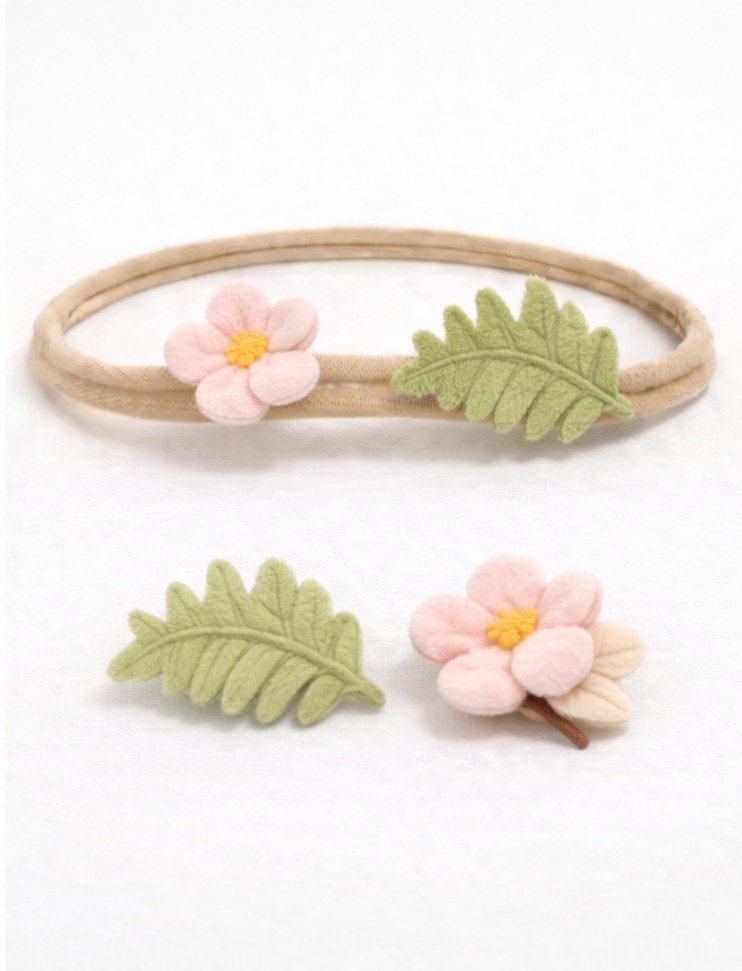 Pink Blossom and Leaf Baby Headband Set