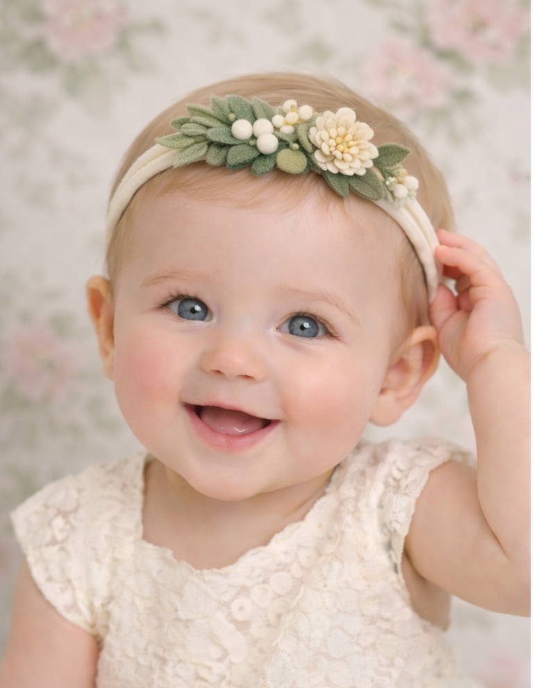 Delicate White and Green Botanical Baby Headband