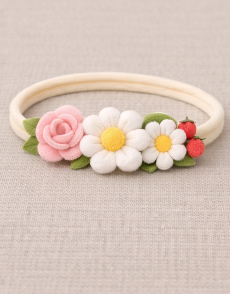 Pink Rose & Daisy Trio Baby Headband - Cheerful Garden Style