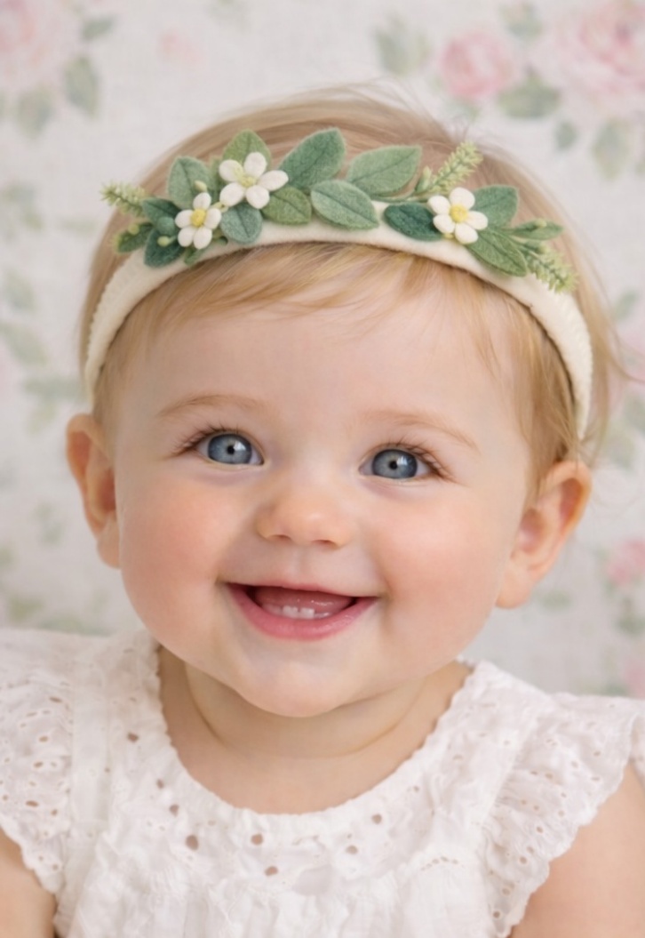 Diadema Floral para Bebé - Diseño de Flores Blancas y Verdes