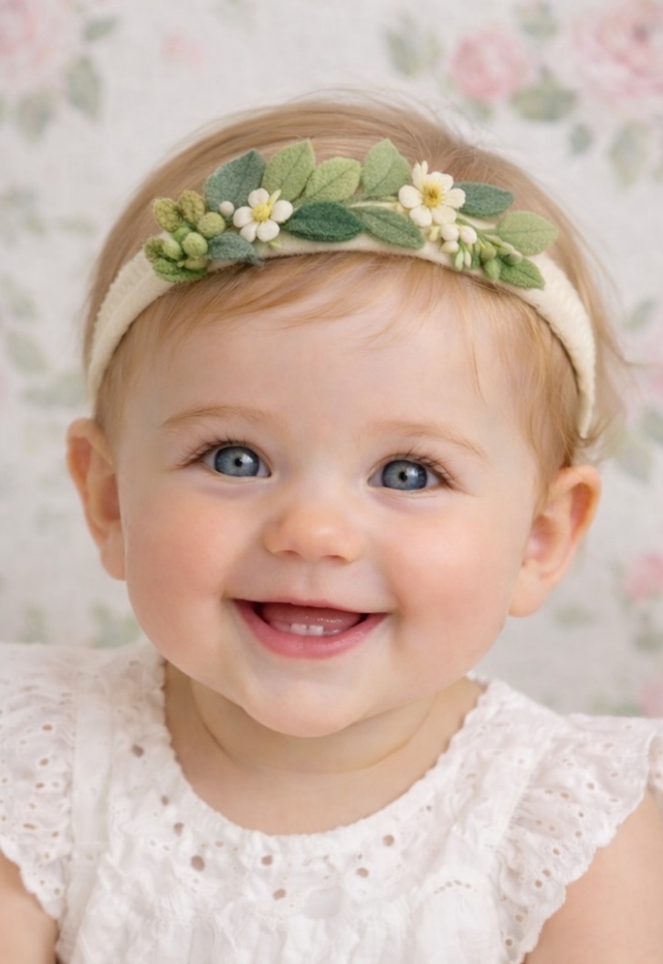 Diadema Floral para Bebé - Diseño de Hojas y Flores Blancas