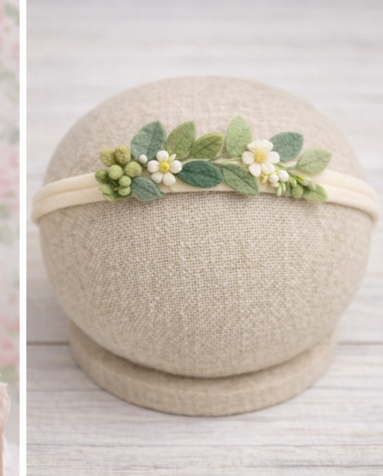 Diadema Floral para Bebé - Diseño de Hojas y Flores Blancas
