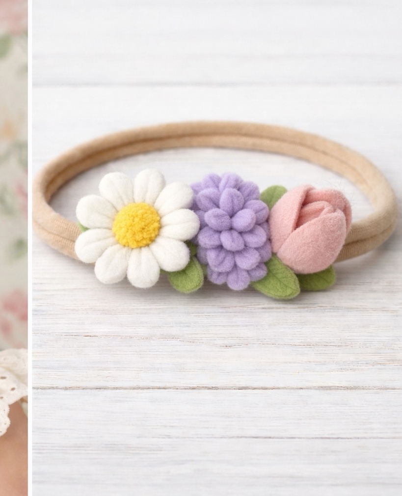 Spring Meadow Baby Headband – Trio of Daisy, Lavender, and Tulip