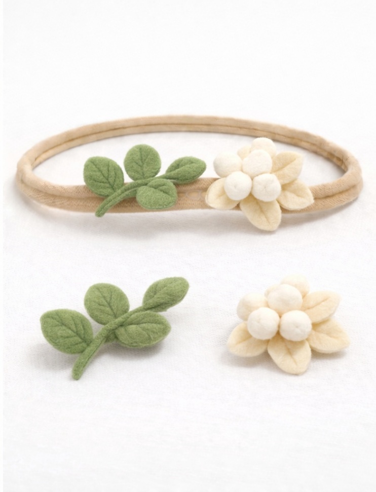 White Blossom and Green Leaf Baby Headband Set