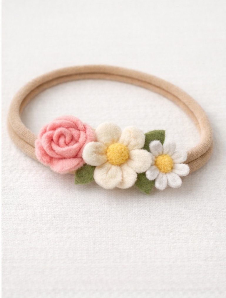 Diadema de bebé con flores rosadas y blancas