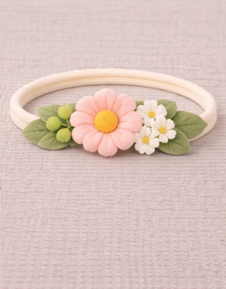 Tiara Bebê Flor de Margarida e Folhinhas Verde Suave