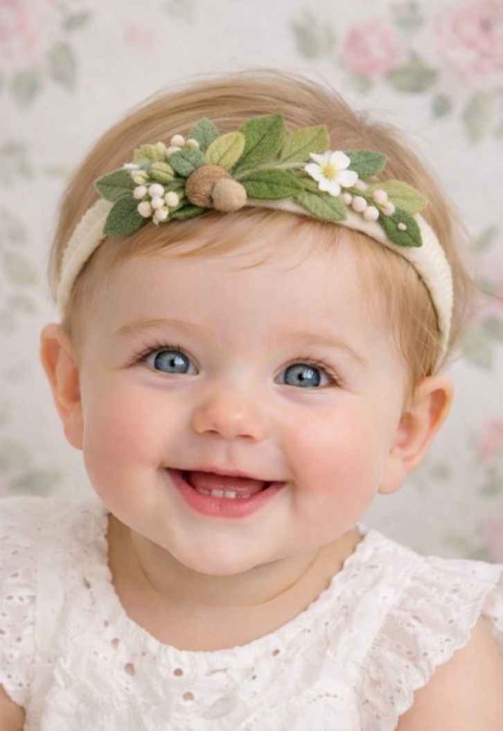 Diadema Floral Encantadora para Bebé - Hojas Verdes y Flores Blancas