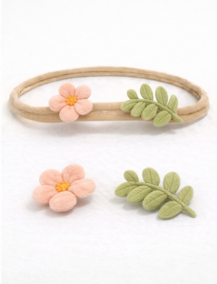 Soft Pink Flower and Leaf Baby Headband Set
