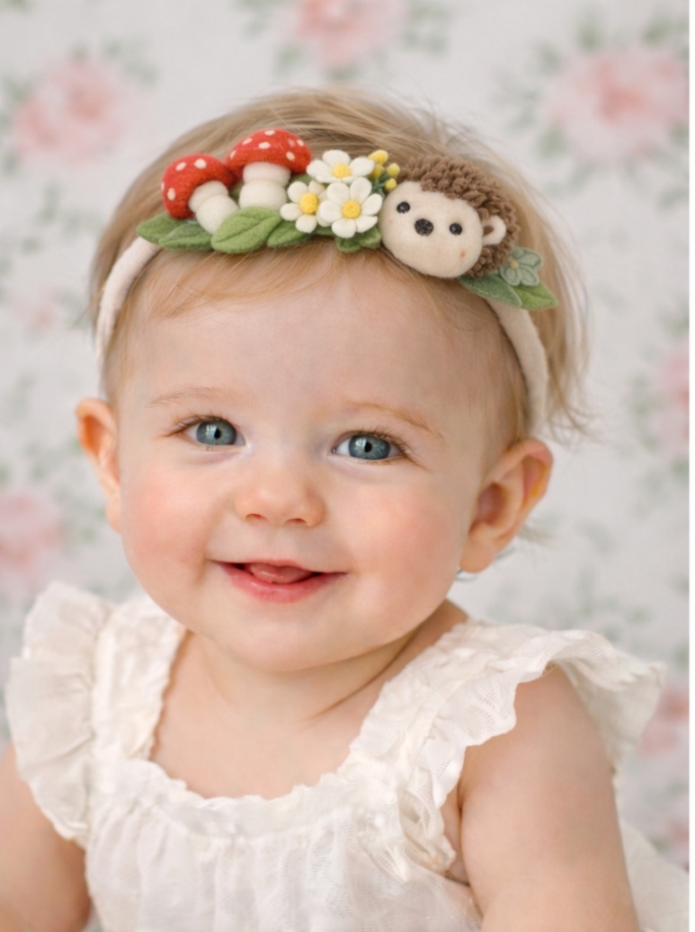 Woodland Hedgehog & Mushroom Baby Headband – Soft Felt Floral Design