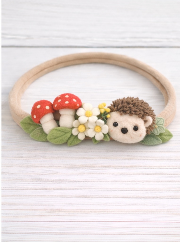 Woodland Hedgehog & Mushroom Baby Headband – Soft Felt Floral Design