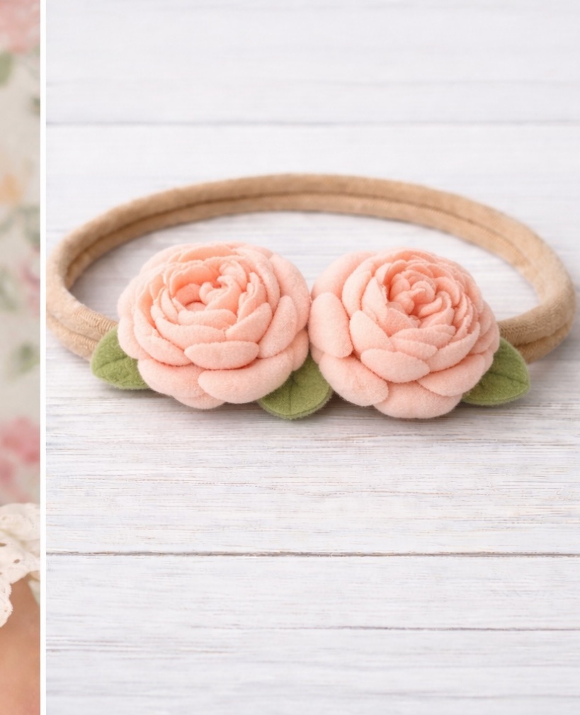 Peach Petal Baby Headband – Handmade Rosebud Design for Newborns
