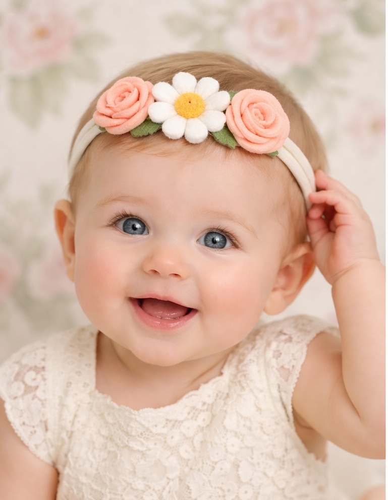Bandeau bébé avec roses pêches et marguerite