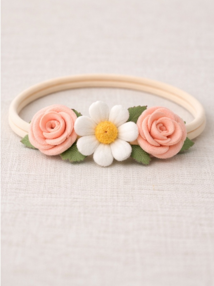Bandeau bébé avec roses pêches et marguerite