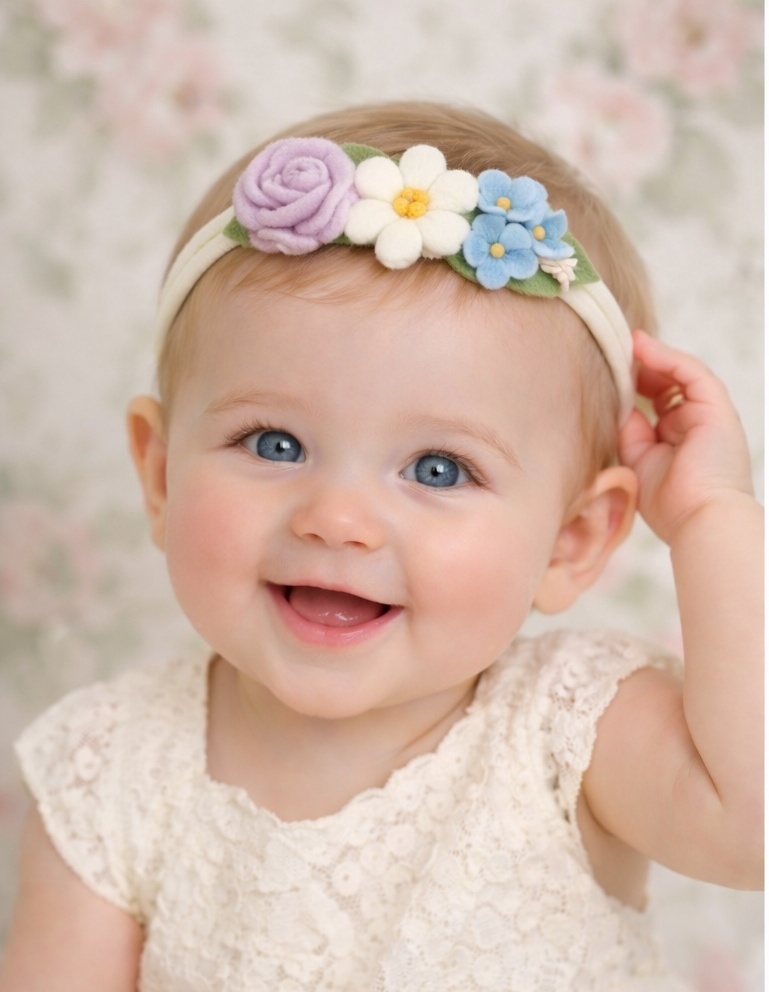 Růžová růže a modré květiny Baby Headband