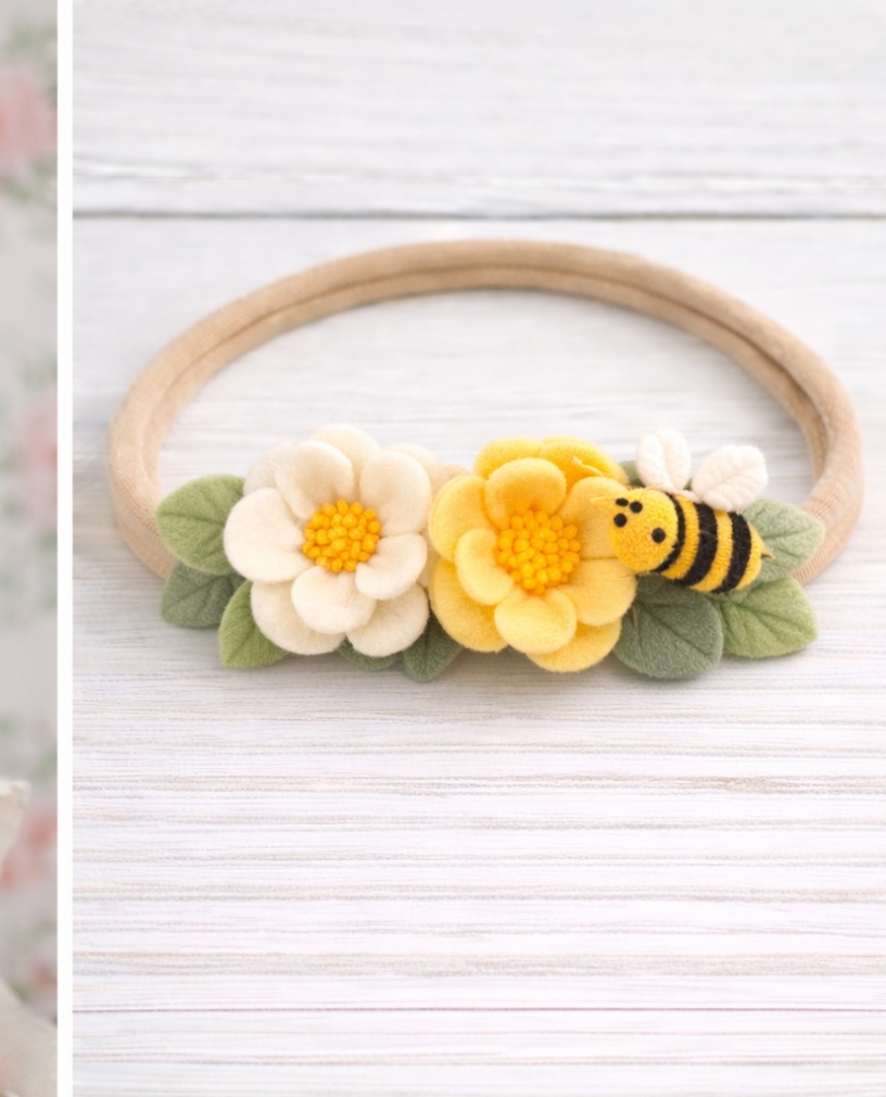 Bandeau Bébé avec Fleur Jaune et Abeille Adorable