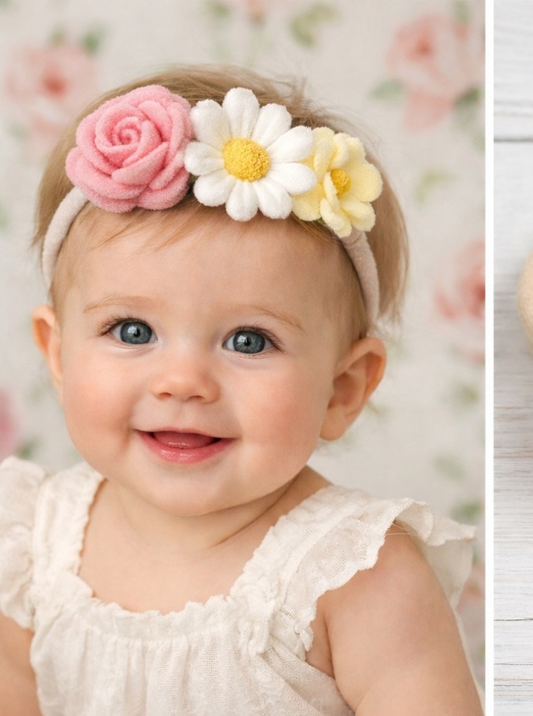 Blumenpracht Baby-Stirnband – Rose, Gänseblümchen & Gelbe Blüten