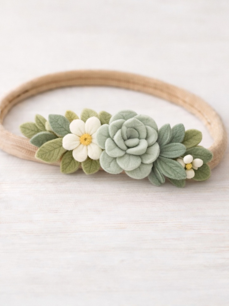 Baby Haarband mit rosa Blume und grünen Blättern