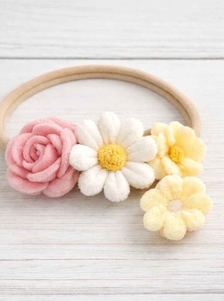Blumenpracht Baby-Stirnband – Rose, Gänseblümchen & Gelbe Blüten