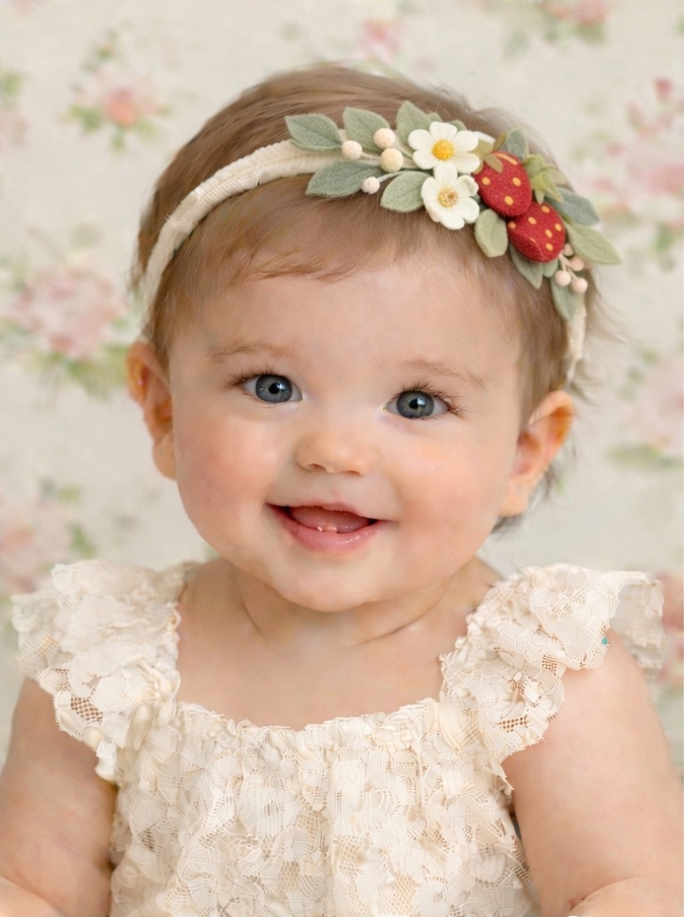 Serre-tête bébé fraise et fleurs – Accessoire en feutrine nature et tendre